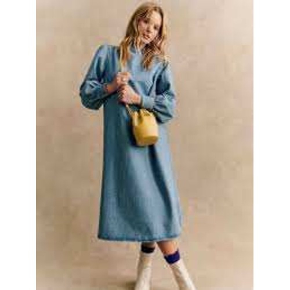 Sezane Light Blue Aluzie Denim Midi Dress Puff Sleeve Mock Neck Cotton Size 40